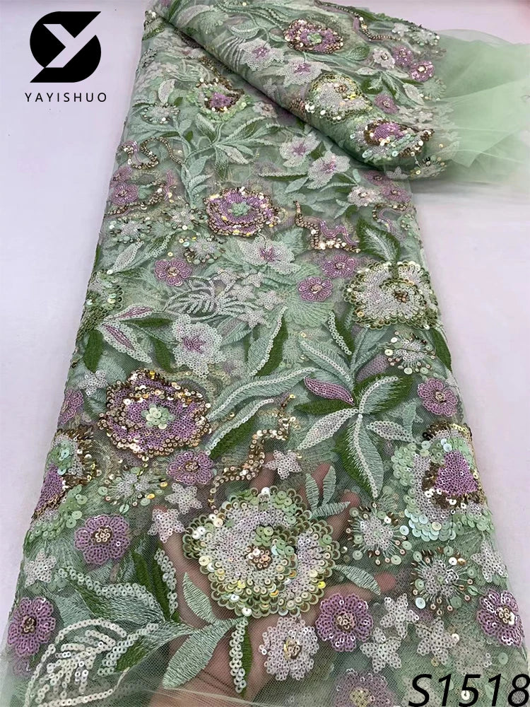 tissu décoratif mariage polyester coton dentelle paillettes motifs floraux broderie fine translucide vert rose