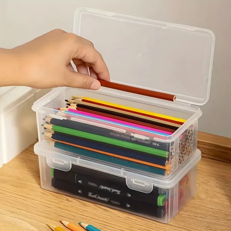 boîtes rangement transparentes empilables crayons stylos moderne pratiques clips gommes étiquettes autocollantes fournitures scolaires