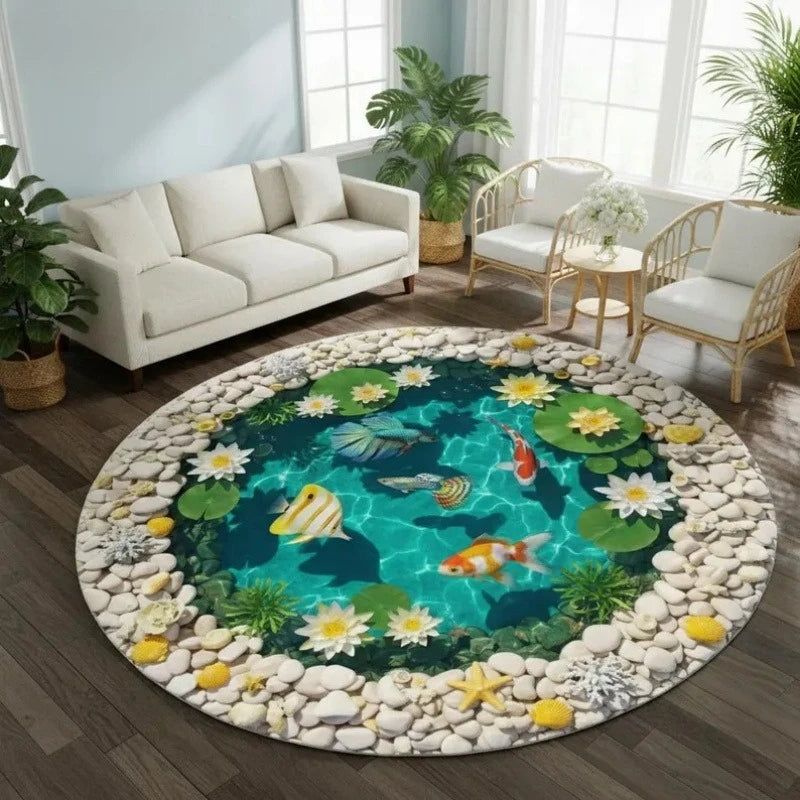tapis rond moderne poissons carpes lotus géométrique adhésif salon chambre bleu vert