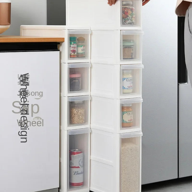 meuble rangement modulaire blanc boîtes transparentes roulettes organisation maison moderne