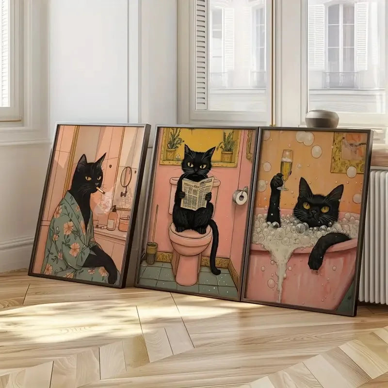 affiche toile chat noir rose décoration murale salon salle bain moderne illustration artistique