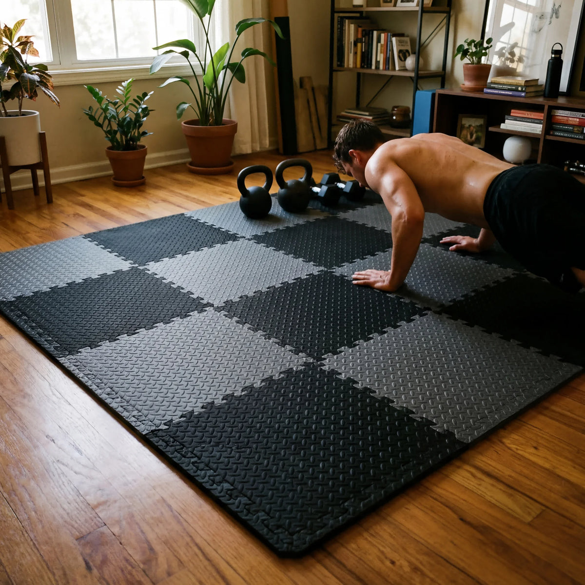 tapis sol modulable gris blanc carreaux antidérapants fitness yoga exercices