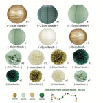 décoration fête anniversaire mariage pompons lanternes papier plissé vert beige blanc festive