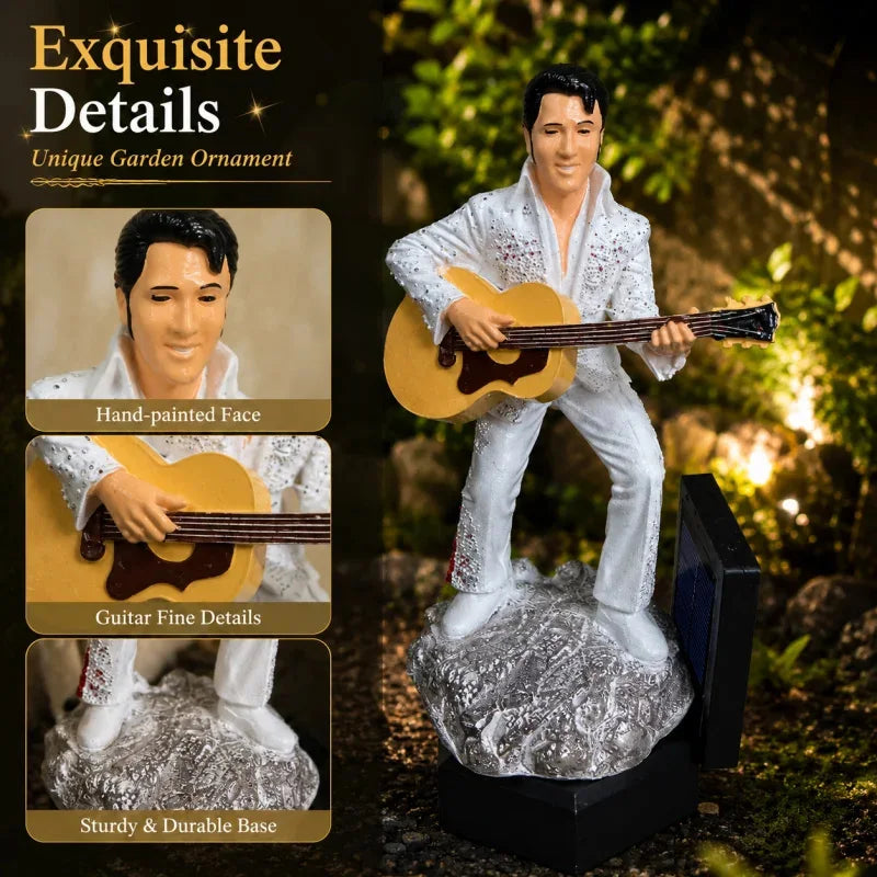 statue musicale elvis blanc doré strass brillant extérieur piquet base noire