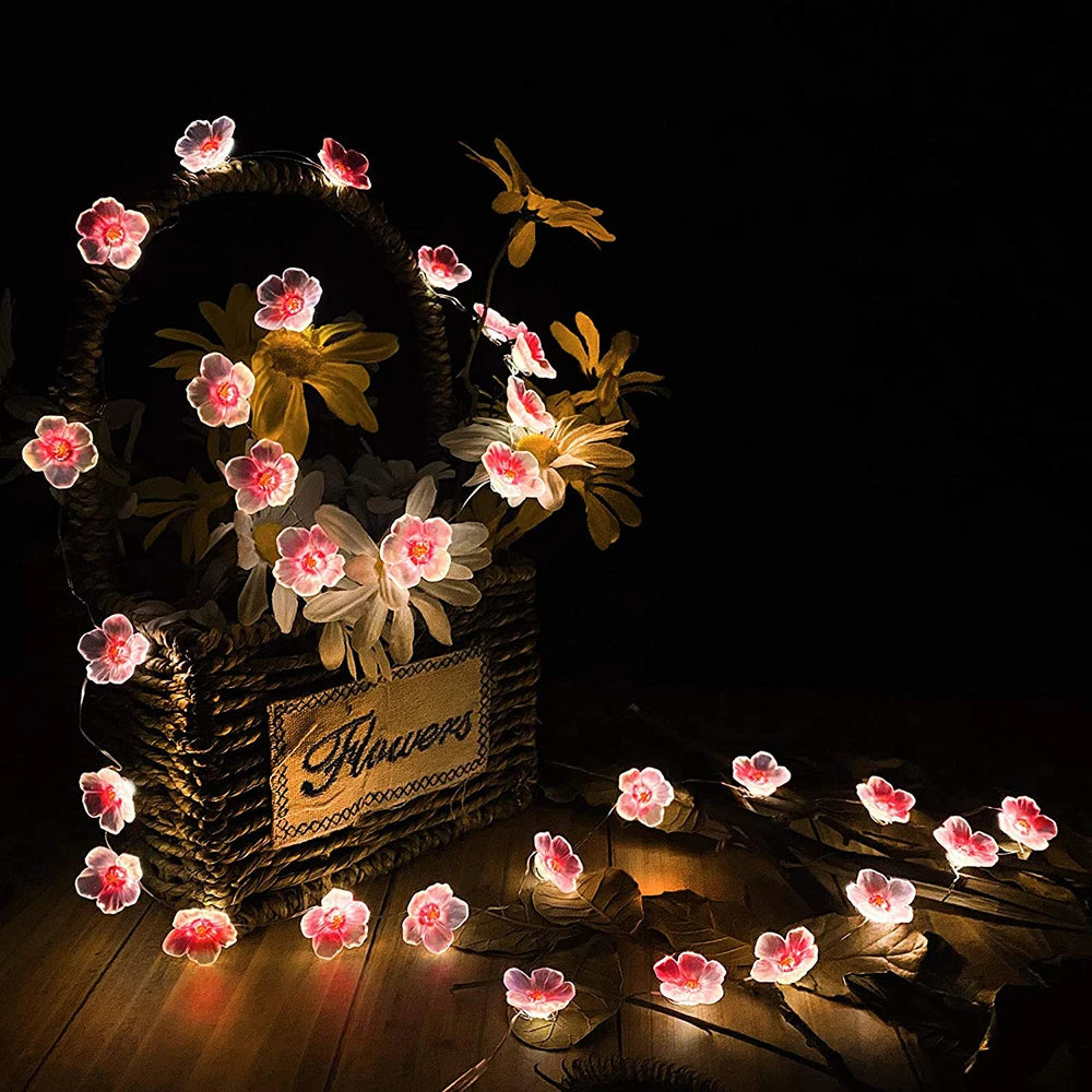 guirlande lumineuse fleurs roses blanches moderne extérieure auto batterie LED