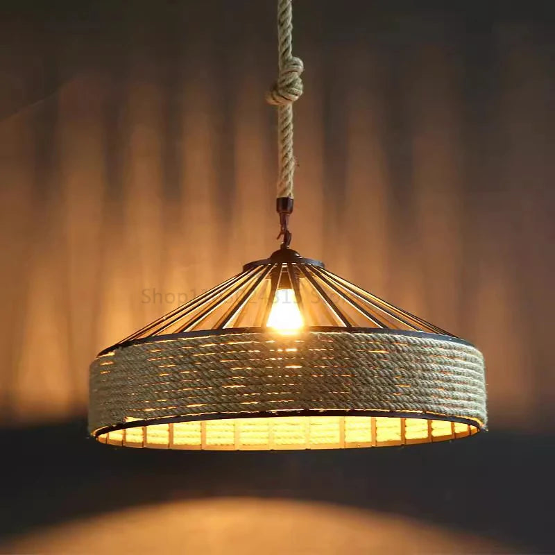 Lampe suspendue industrielle corde tressée noir beige métal ampoule salle manger