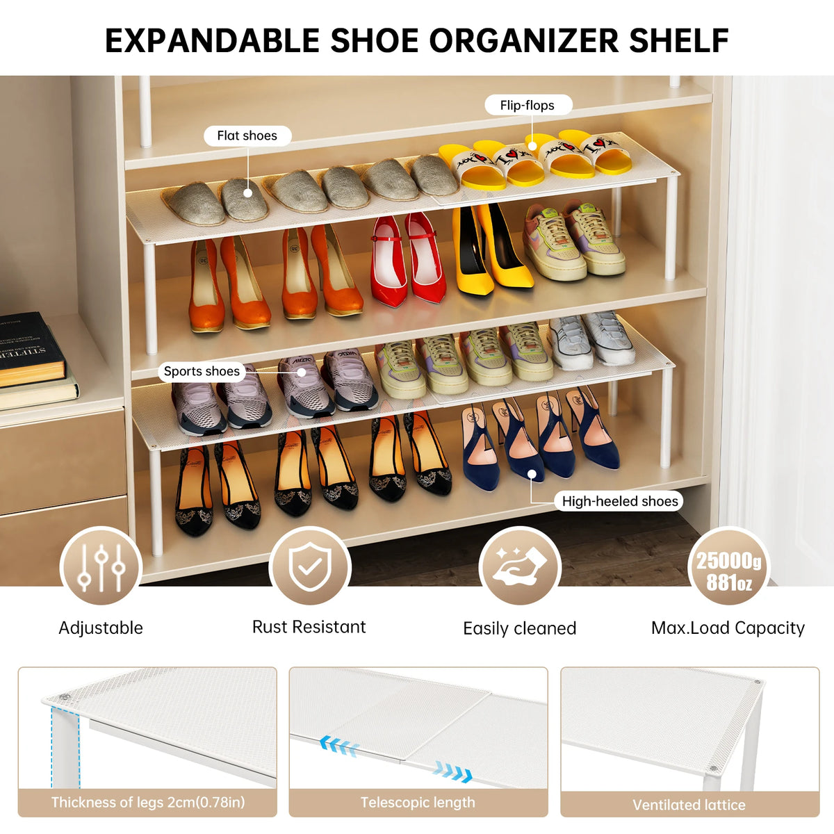 étagère rangement chaussures extensible blanche moderne lattes ventilées 37 62cm adaptable minimalistes