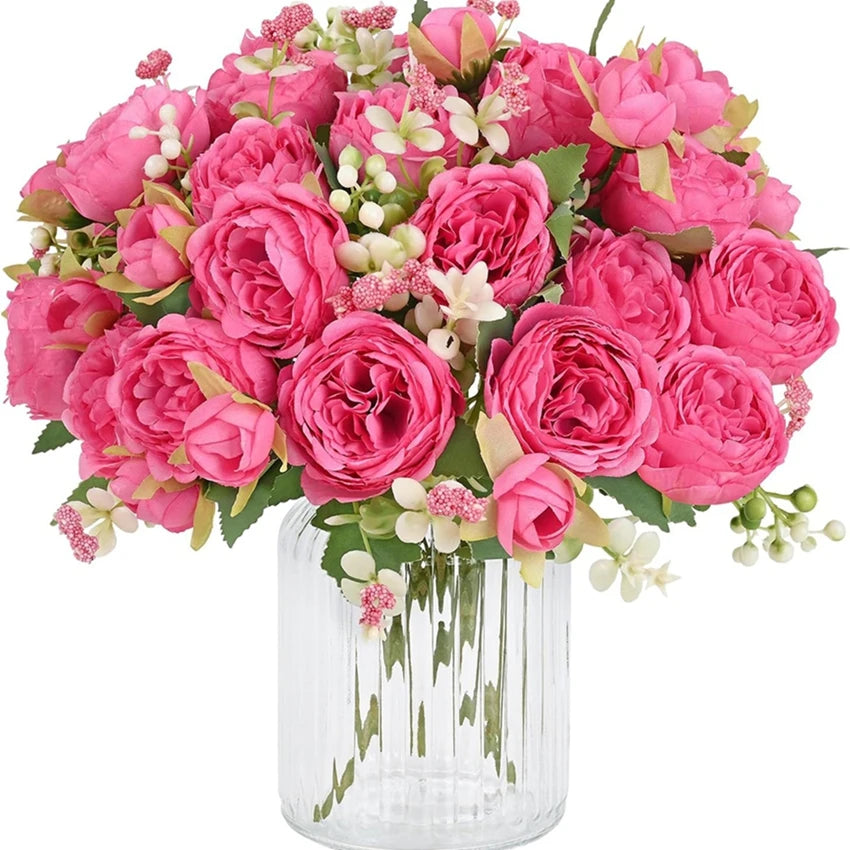 décoration intérieure moderne bouquet fleurs artificielles rose soie verte vase transparent chambre salon