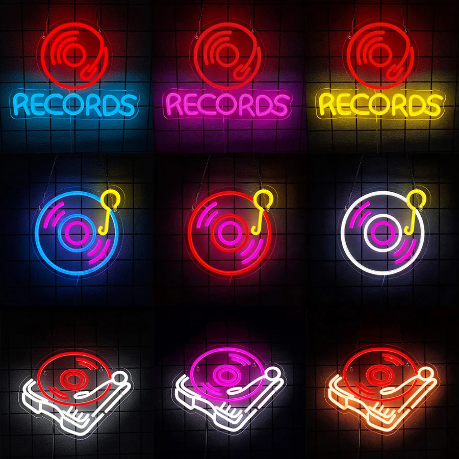 néons lumineux disque vinyle rouge bleu jaune blanc moderne rétro câble usb vis crochets