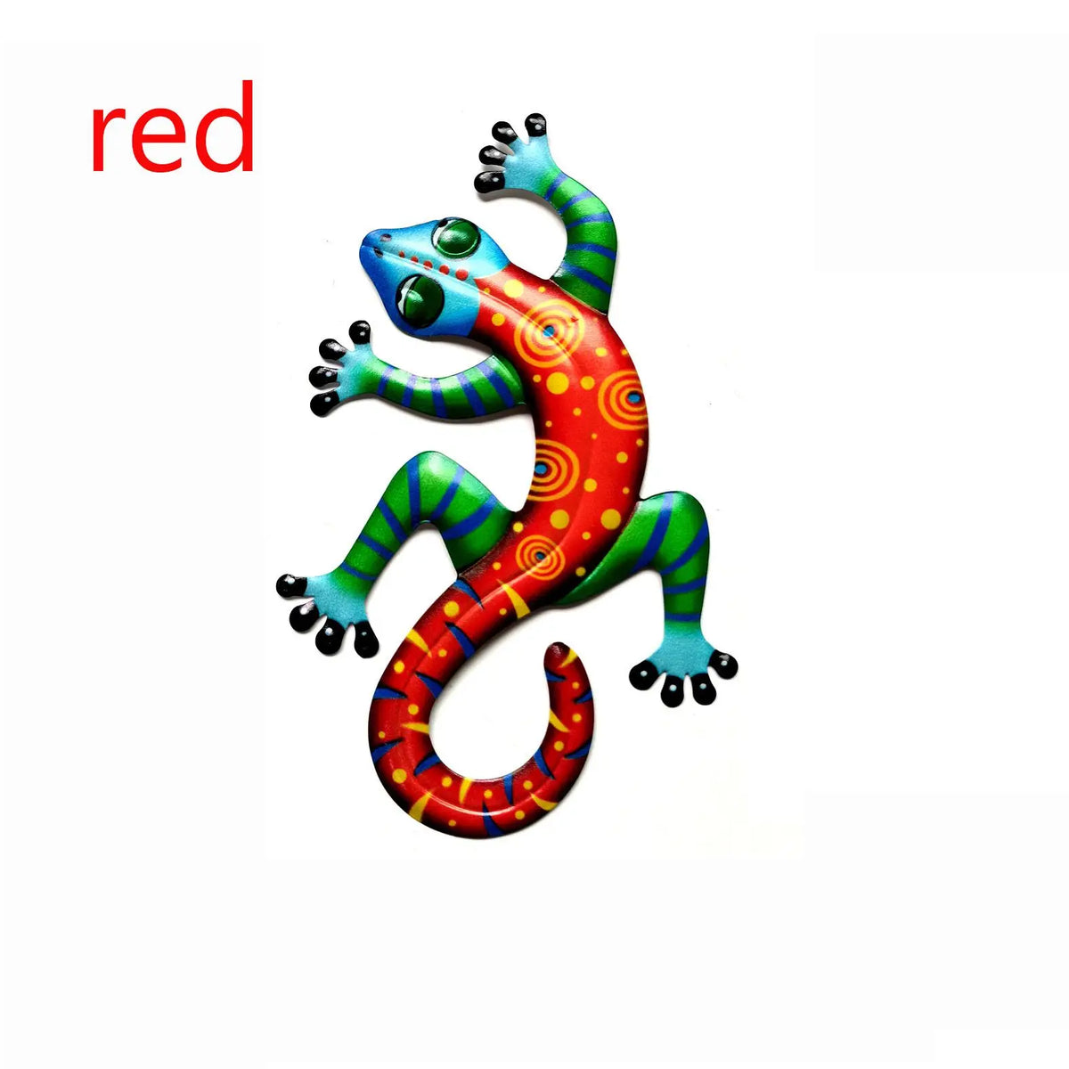 figurine lézard rouge rose vert jaune bleu artisanal métal décoration murale extérieure jardin