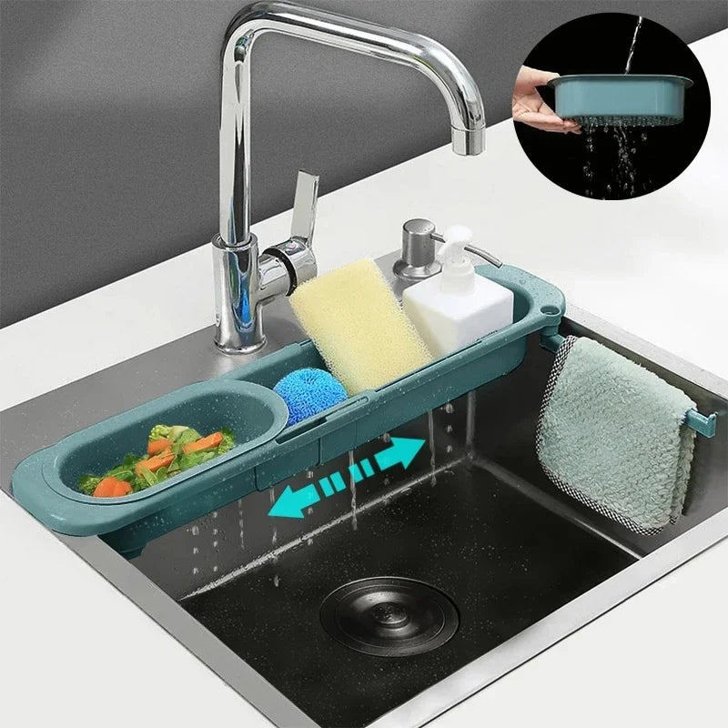 panier drainage rétractable bleu perforé moderne rangement vaisselle gants savon brosse