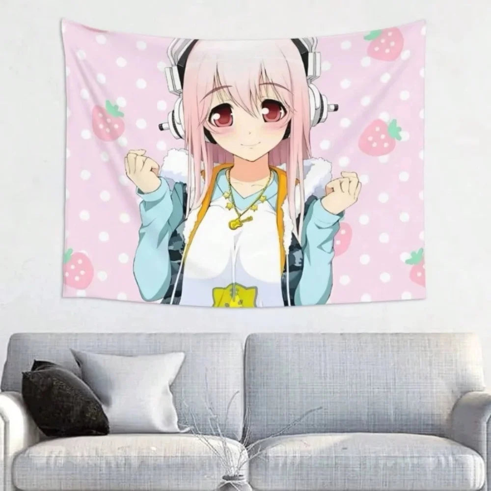 tapisserie murale anime kawaii fraises roses oreilles lapin guitare polyestère 150x200cm