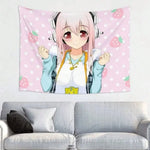 tapisserie murale anime kawaii fraises roses oreilles lapin guitare polyestère 150x200cm