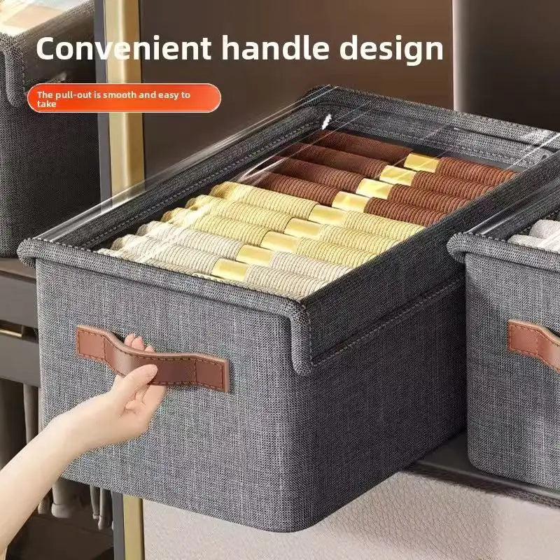 boîtes rangement tissu lin gris modernes poignées cuir opaques pliables empilables fenêtres transparentes vêtements