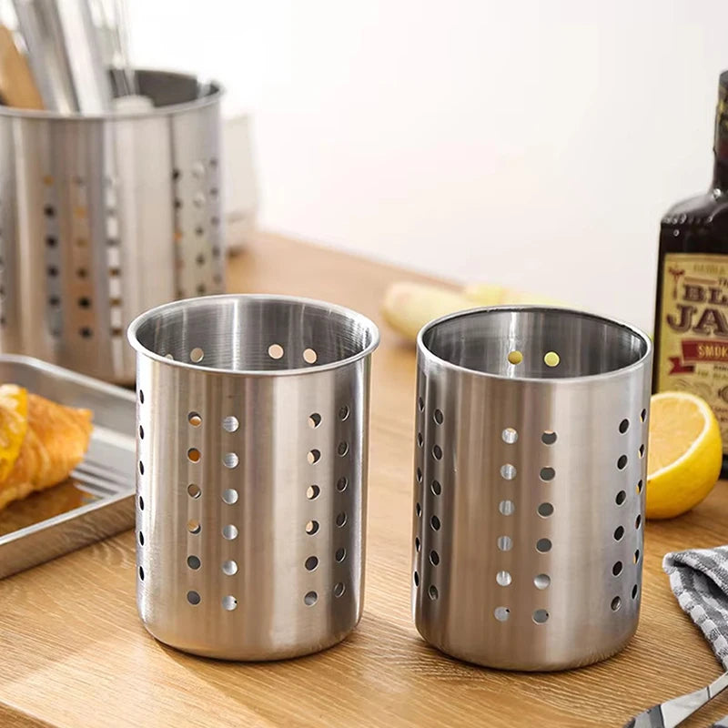 organisateur cuisine moderne pot ustensiles argenté perforé fourchettes cuillères couteaux rangement égouttoir