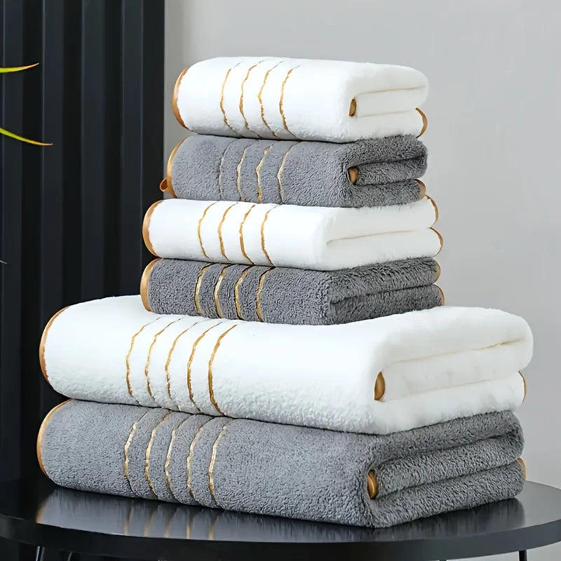 serviettes bain absorbantes polyester rectangulaires moderne blanc gris rayures dorées bain main débarbouillette