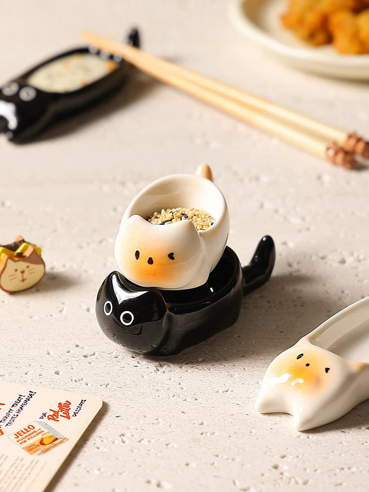 assiette ovale céramique forme chat yeux blancs animalier moderne récipient noir kawaii