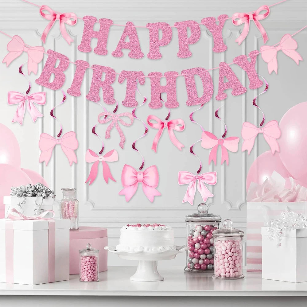 guirlande fête happy birthday rubans nœuds lettres décorative anniversaire rose clair festive