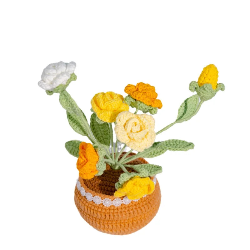 décoration maison bouquet fleurs crochetées pots couleur rose fleur miniature décorative champêtre artisanal