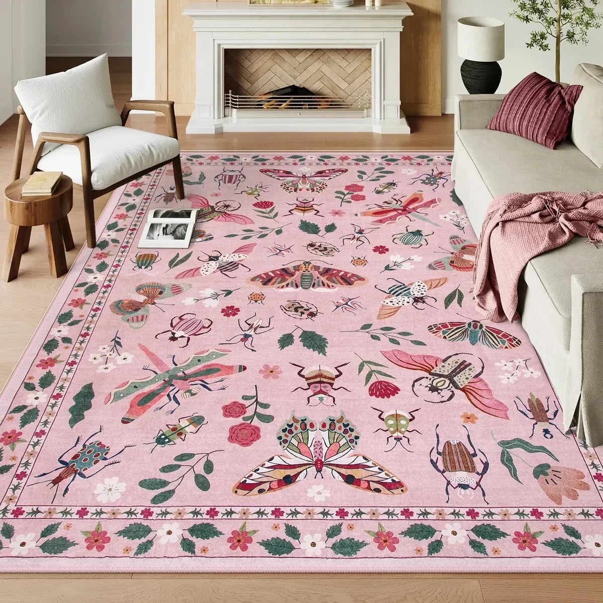 tapis intérieur extérieur rose clair motif papillon fleurs vintage lavable chambre salon décoration moderne