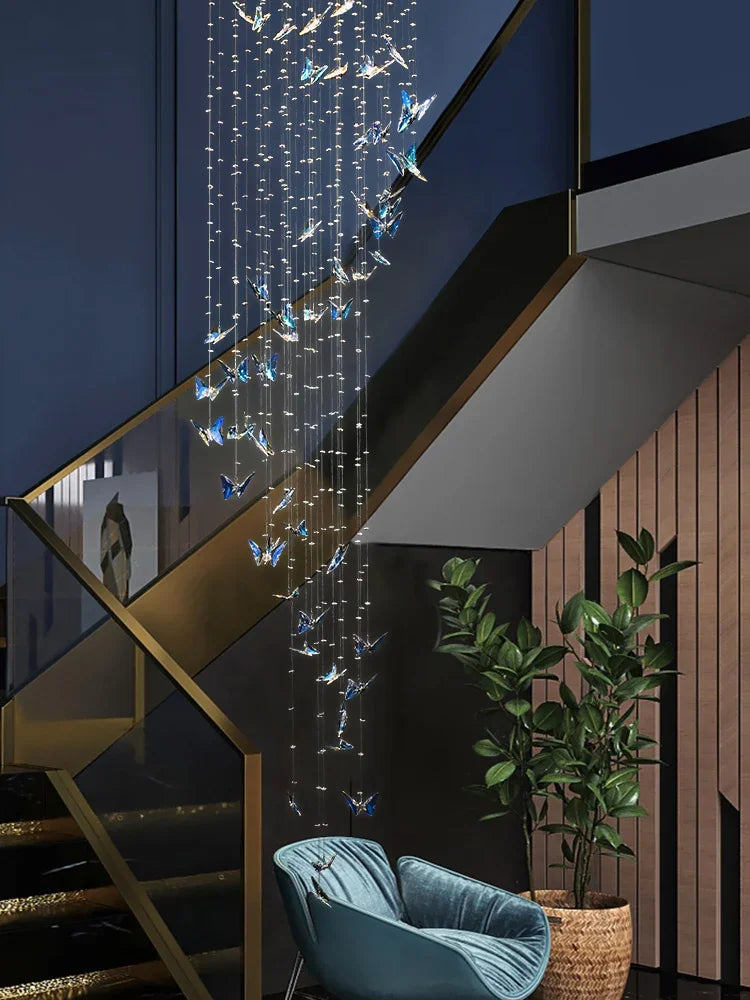 suspension lumineuse transparente papillons relief moderne salle bain lumière chaude bleu clair certification rohs