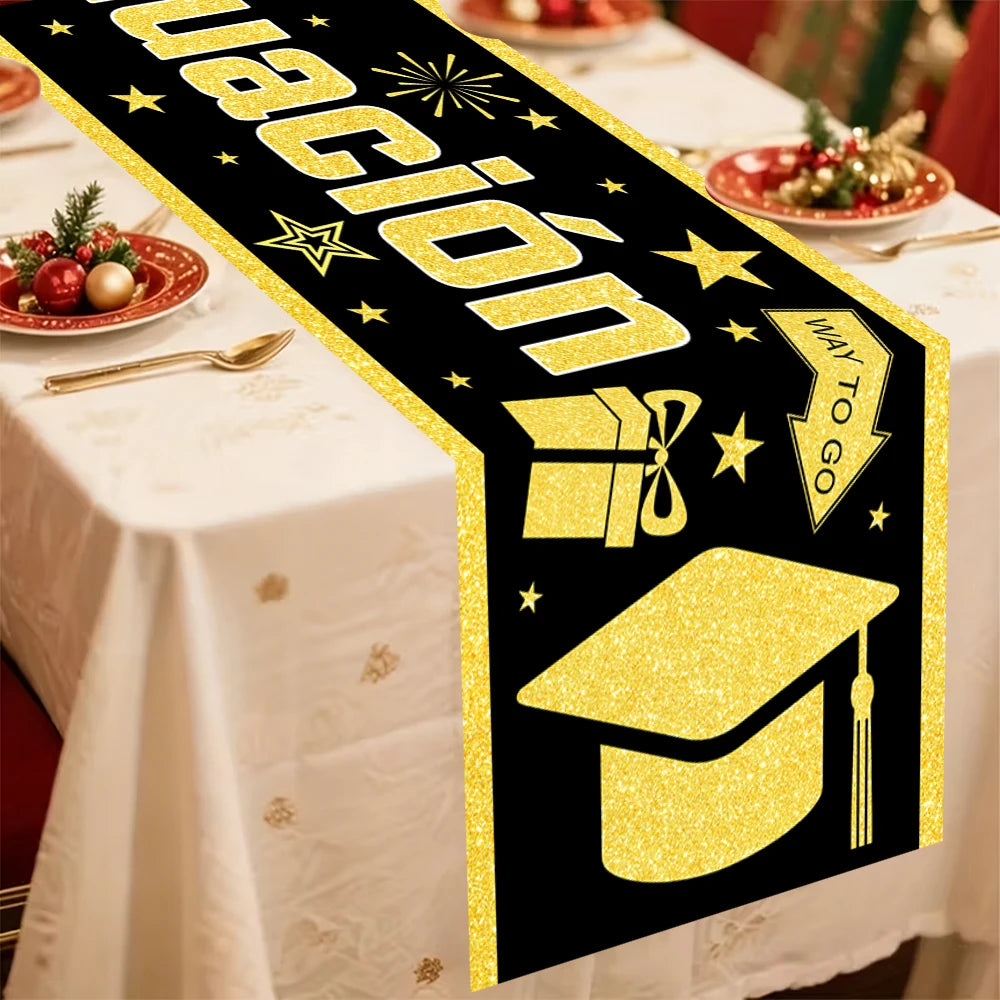 chemin table festif graduation or noir paillettes feliz graduacion étoiles diplôme champagne artifices festive