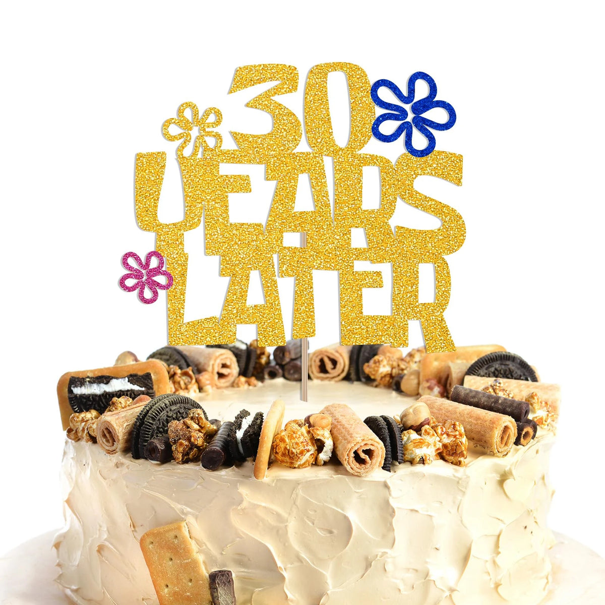 décoration anniversaire 30 ans lettre dorée biscuits fleurs colorées pique gâteau festive blanc doré
