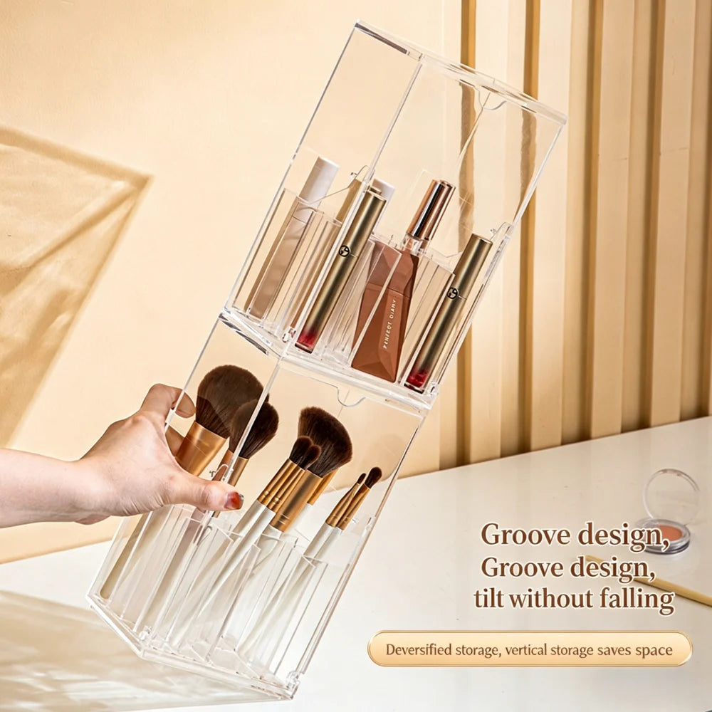 boîte rangement cosmétiques moderne minimaliste transparente pinceaux rouges lèvres fond teint crayons brosse maquillage