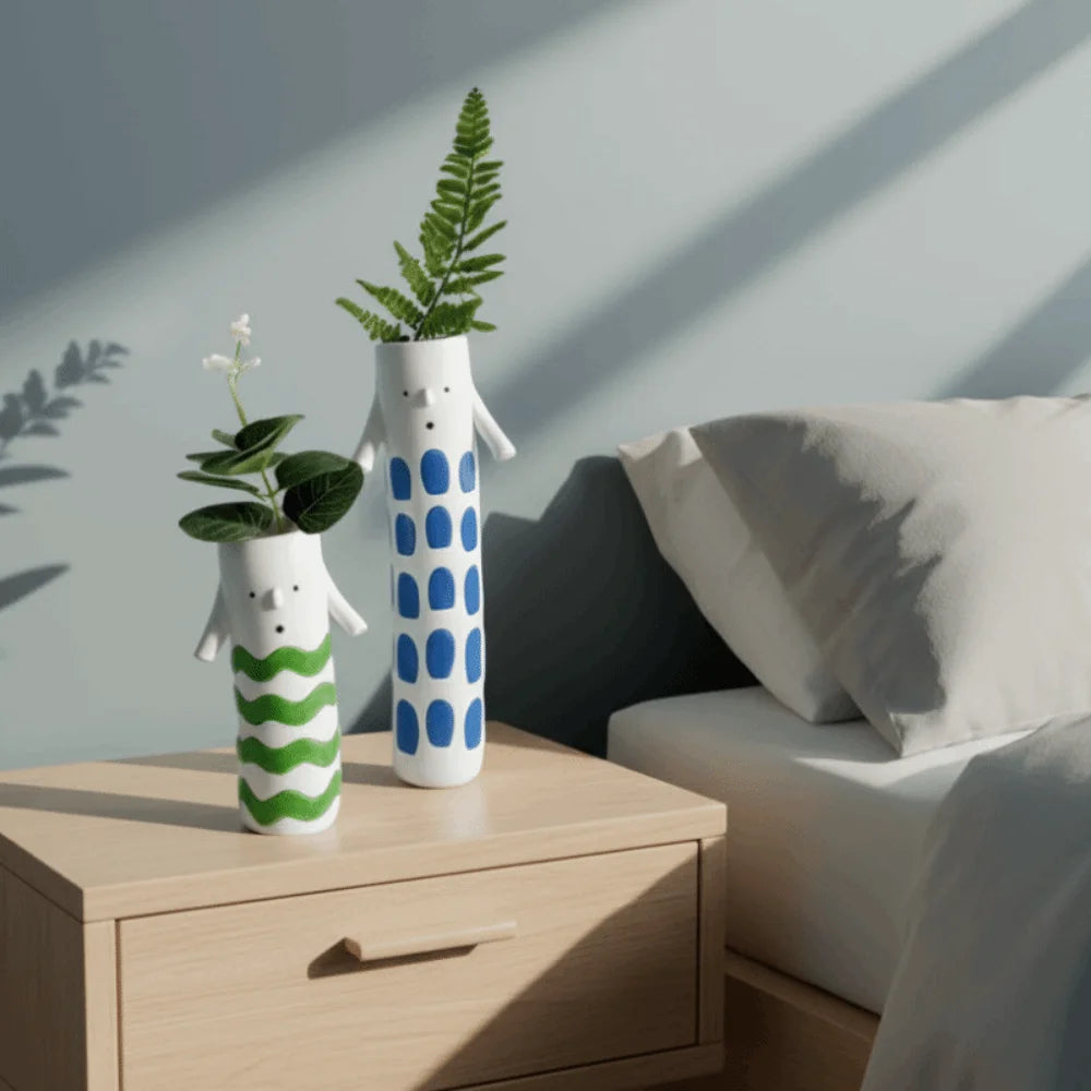 vase résine blanc points bleus moderne décoration intérieure unique amusant fait main fantaisieporte fleurs