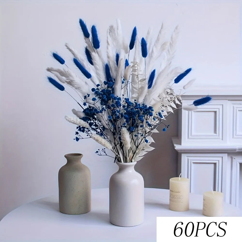 bouquet dried flowers rouge blanc bleu vert feuilles fleurs plumes ruban bleu naturel rustique