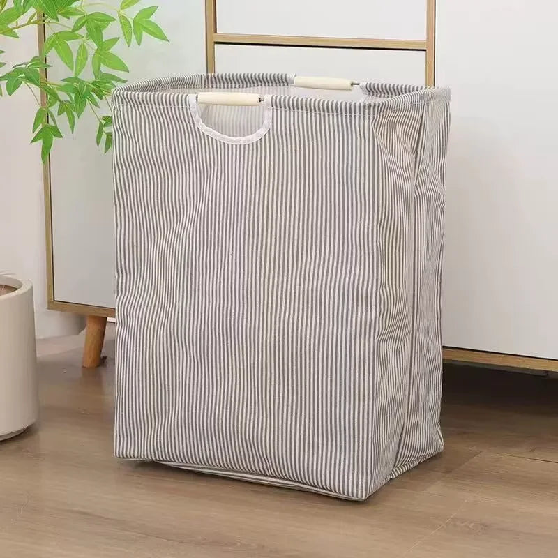 panier linge pliable coton rayures horizontales beige gris moderne poignées plastique