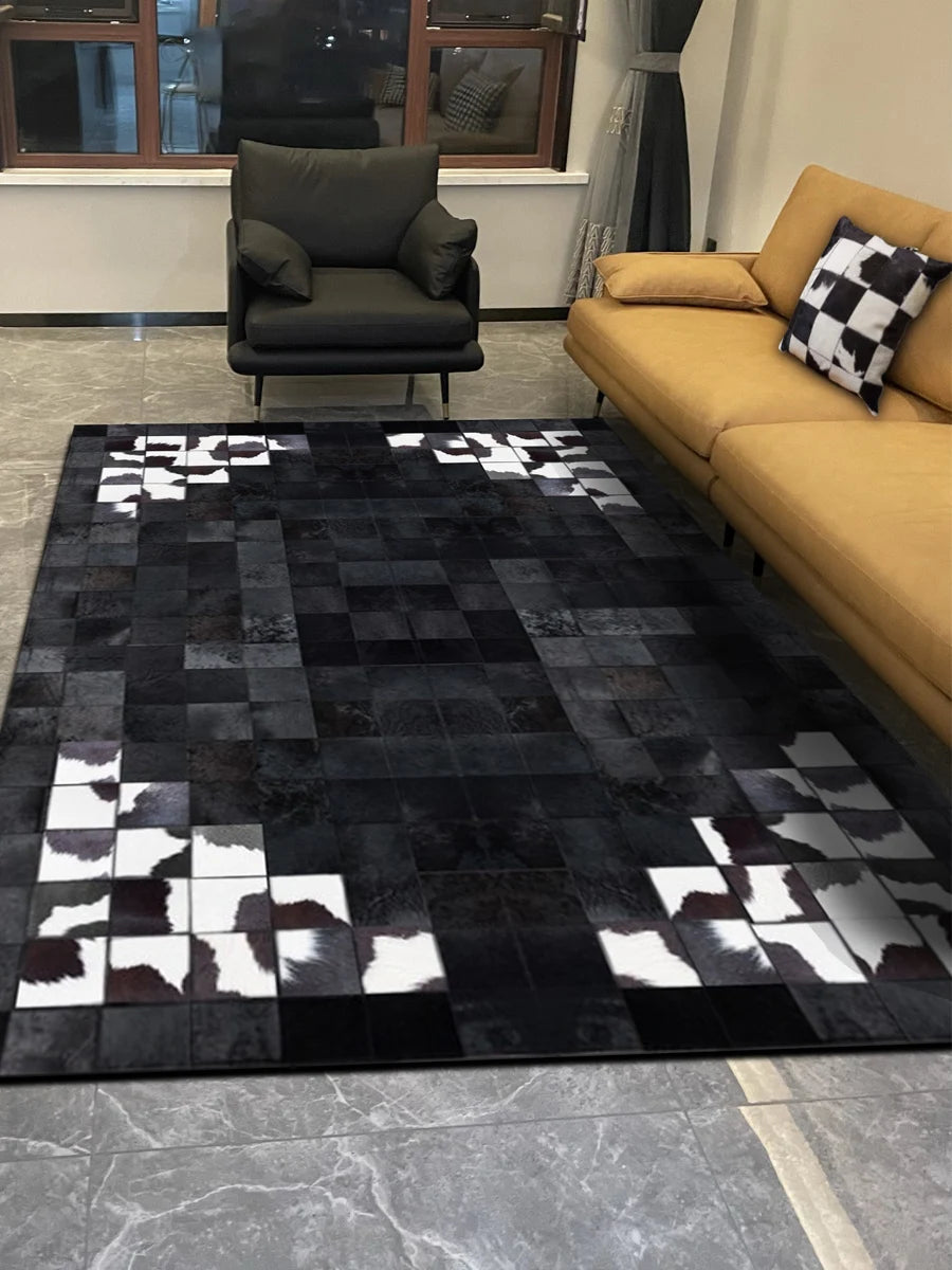 tapis noir blanc patchwork peau vache moderne salon chambre decoratif rectangle aubusson PVC