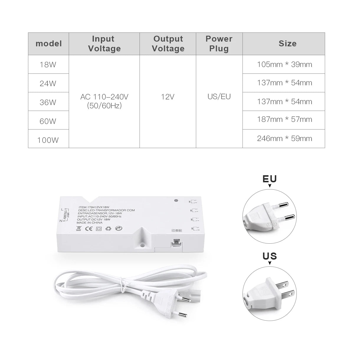 transformateur alimentation led 12v blanc moderne câble dupont indicateur 110v 250v 105mm 39mm