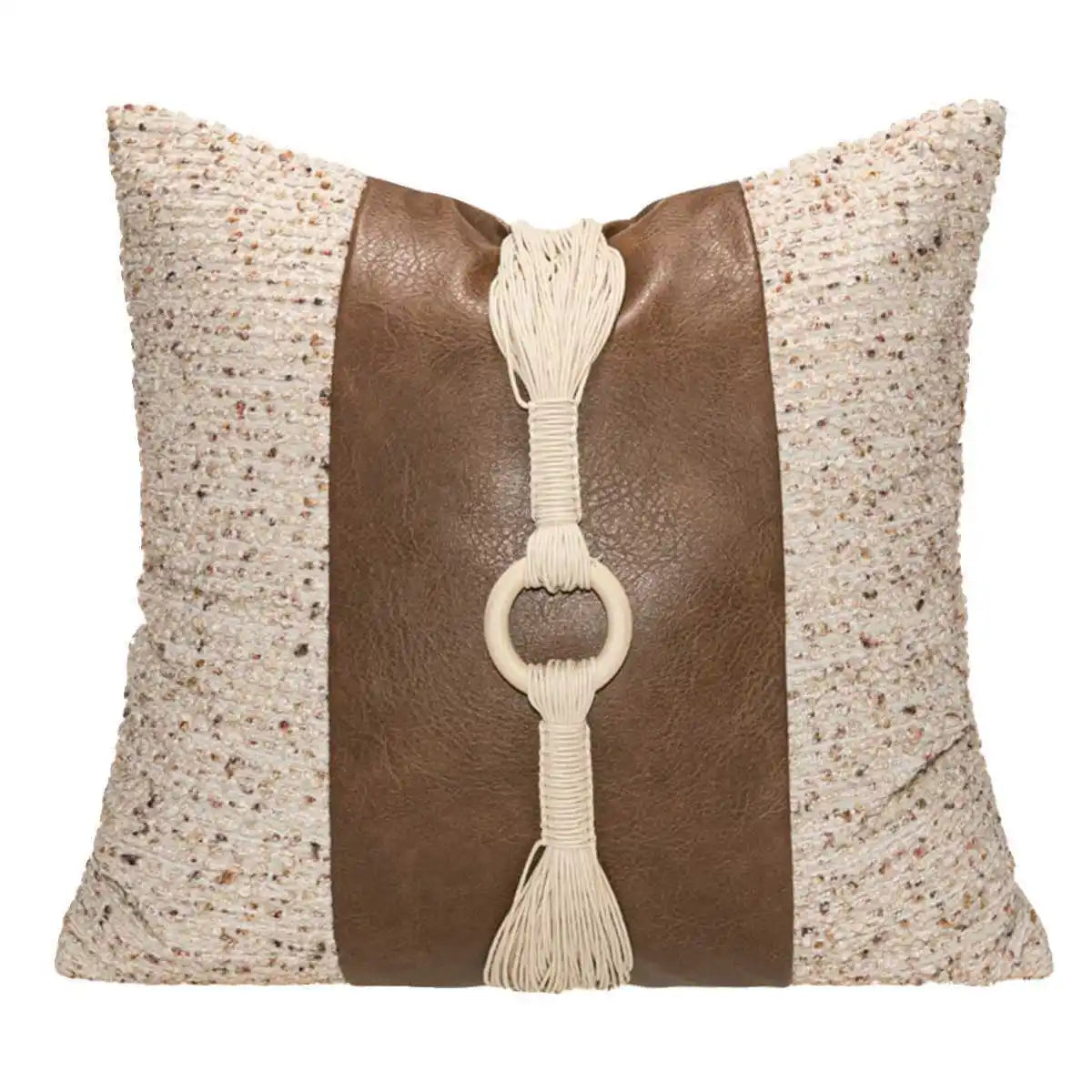 coussin patchwork tissu bouclé cuir beige marron moderne boho chic décoratif siège 30x50cm 45x45cm