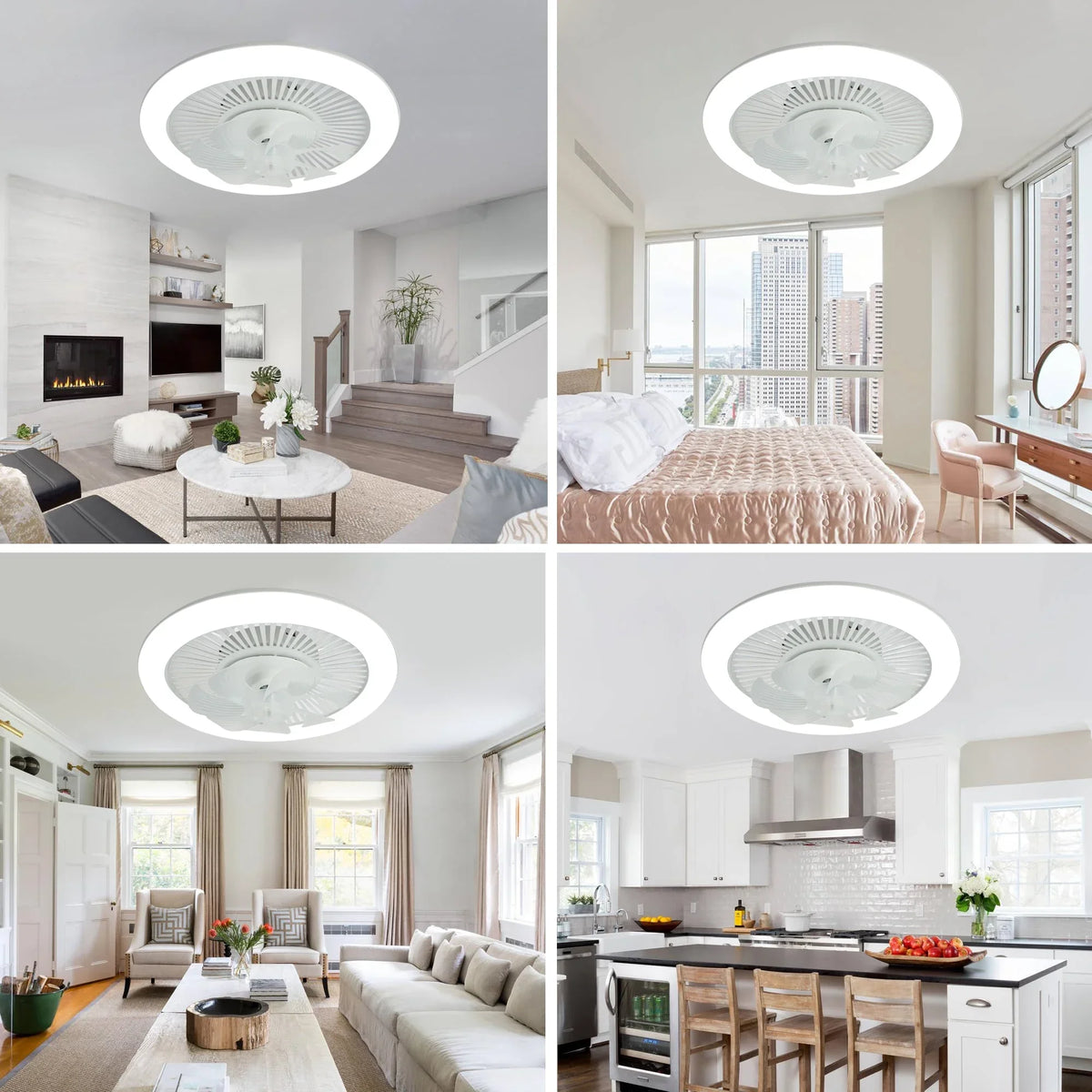 ventilateur moderne lumière led intégrée trois couleurs six vitesses réversible télécommande blanc