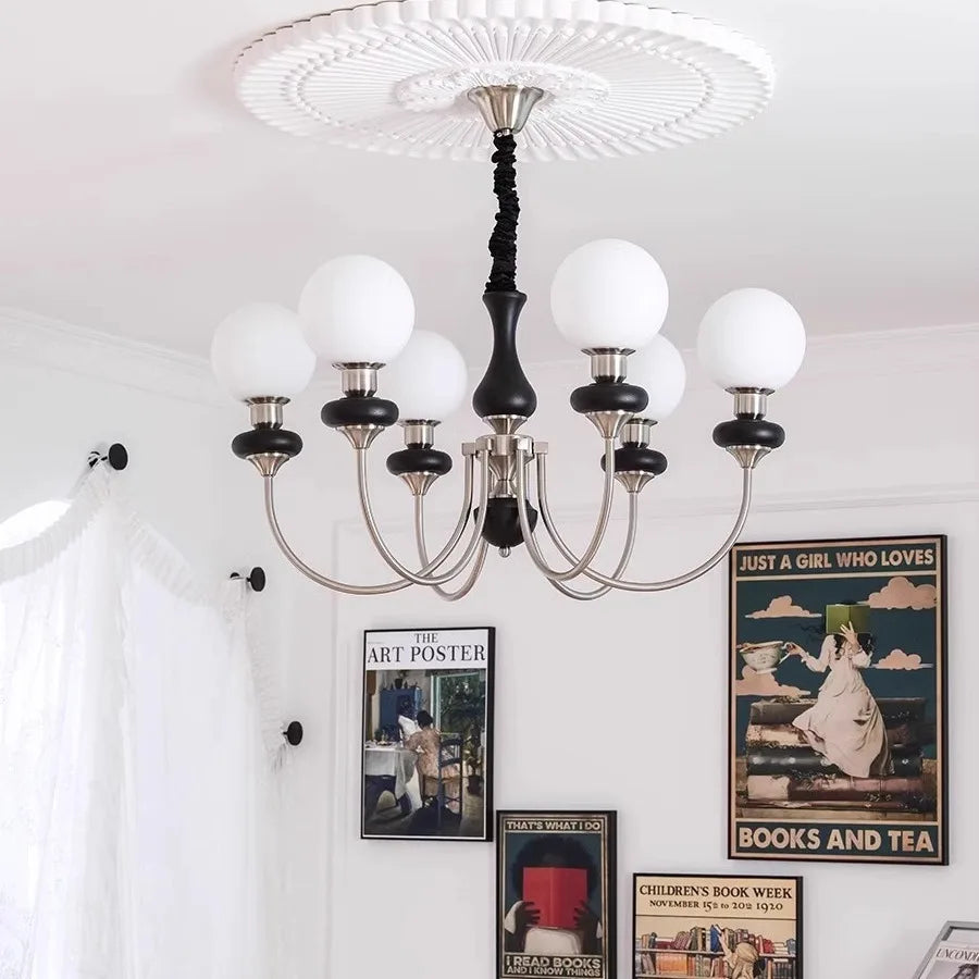 lustre classique doré noir sphères translucides structure métallique led salon chambrehôtel