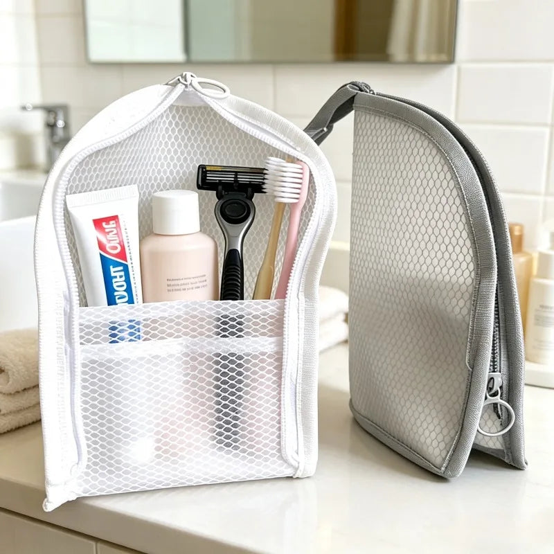 organisateur voyage toile maille eva imperméable cordon serrage brosse dents rasoir crèmes bouteille parfum