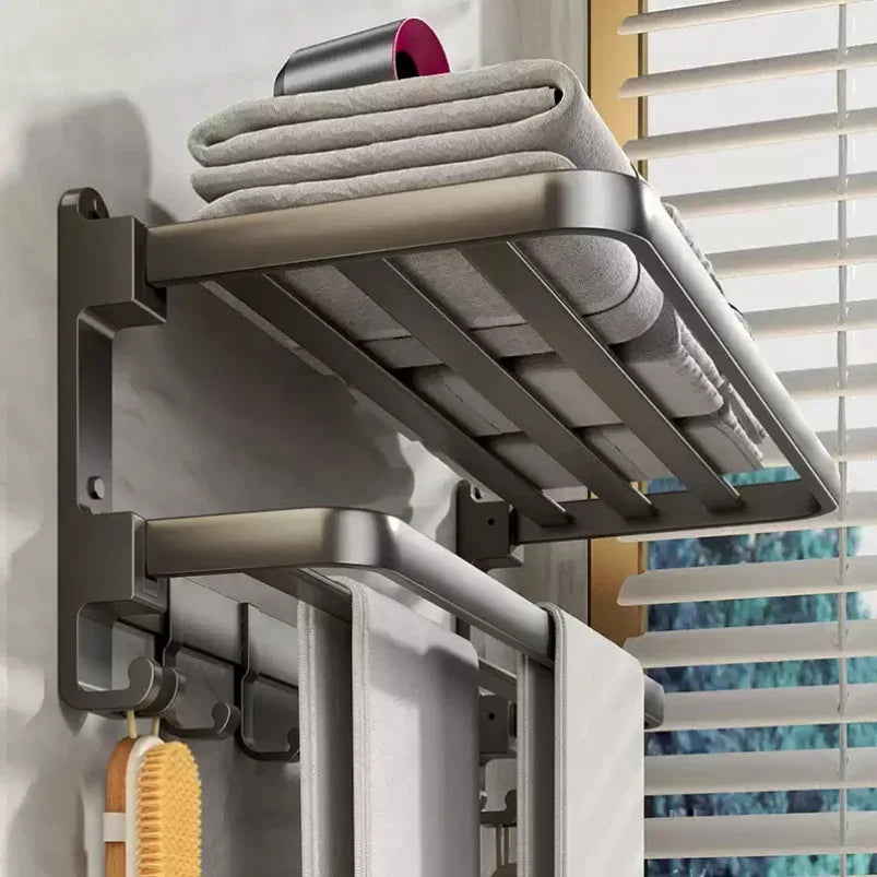 étagère rangement bain moderne pliable barre serviettes crochets gris métallique fixation murale