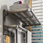 étagère rangement bain moderne pliable barre serviettes crochets gris métallique fixation murale