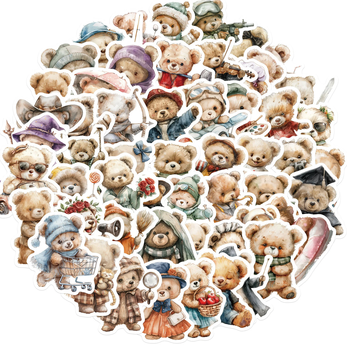 stickers ours dessin animé waterproof beige marron bleu vert rouge noir blanc illustrations enfants
