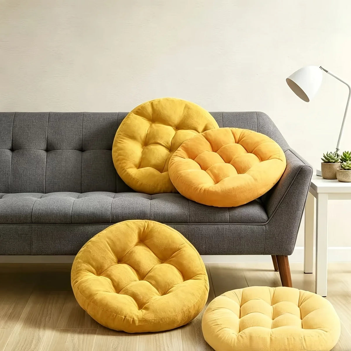 coussin sol rond velours méditation yoga confort moderne bleu marron jaune