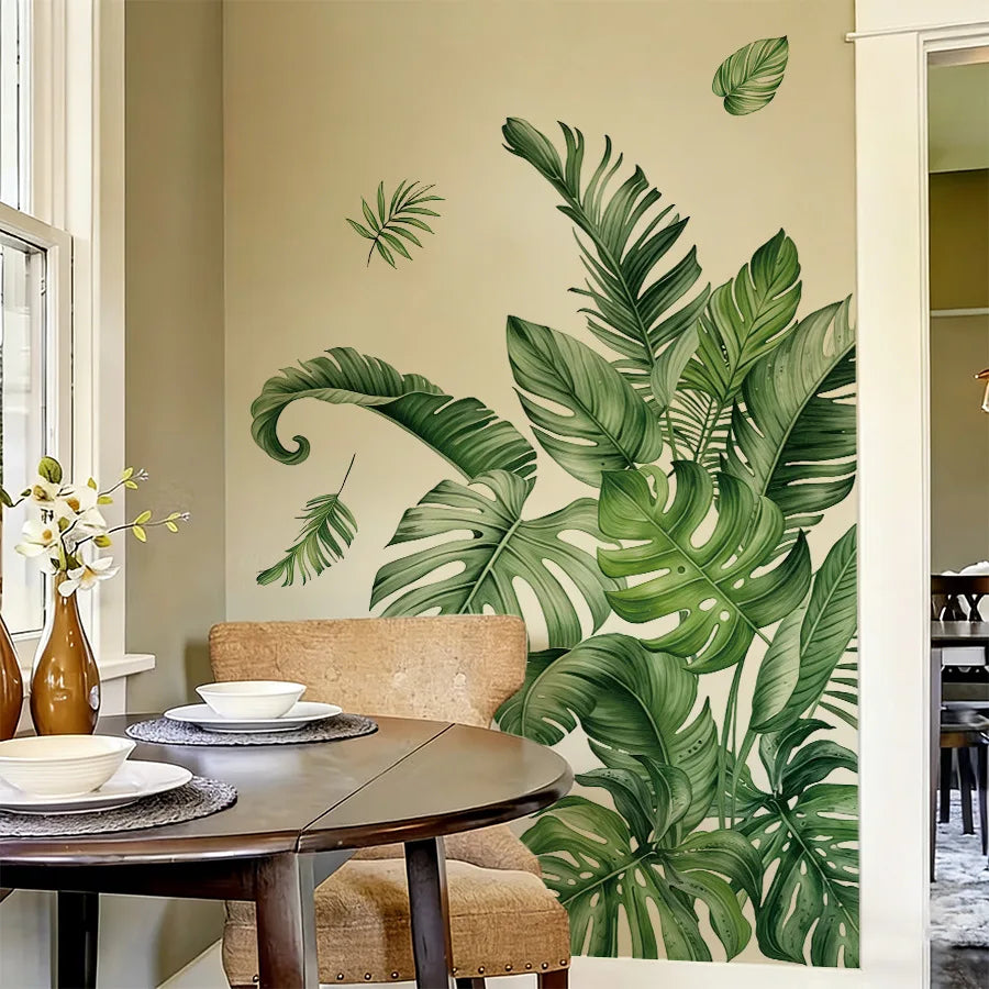 sticker mural moderne feuilles tropicales grandes tailles décoration maison autocollant vert blanc 3d removable