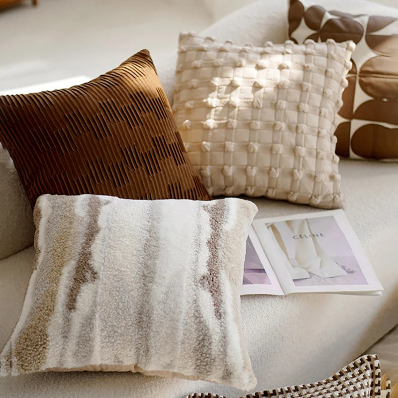 coussin decoratif moderne geometrique polyester marron clair contemporain 45x45cm sofa decoration