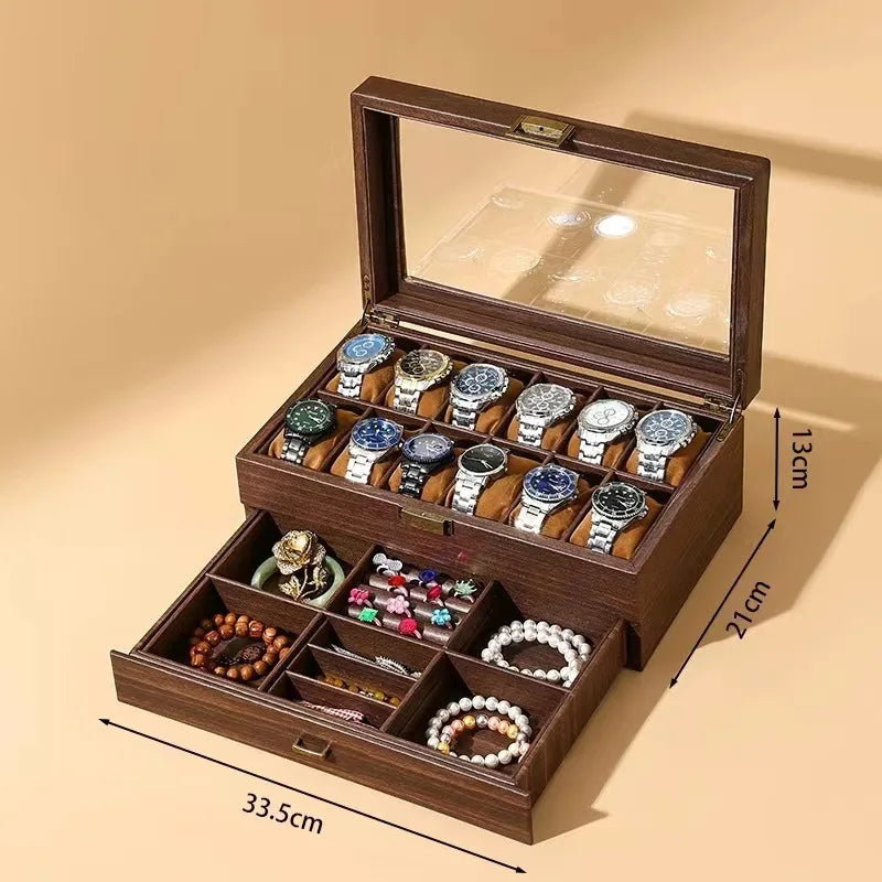 boîtes montres bois foncé grain naturel classique boutons dorés montres bracelets bijoux