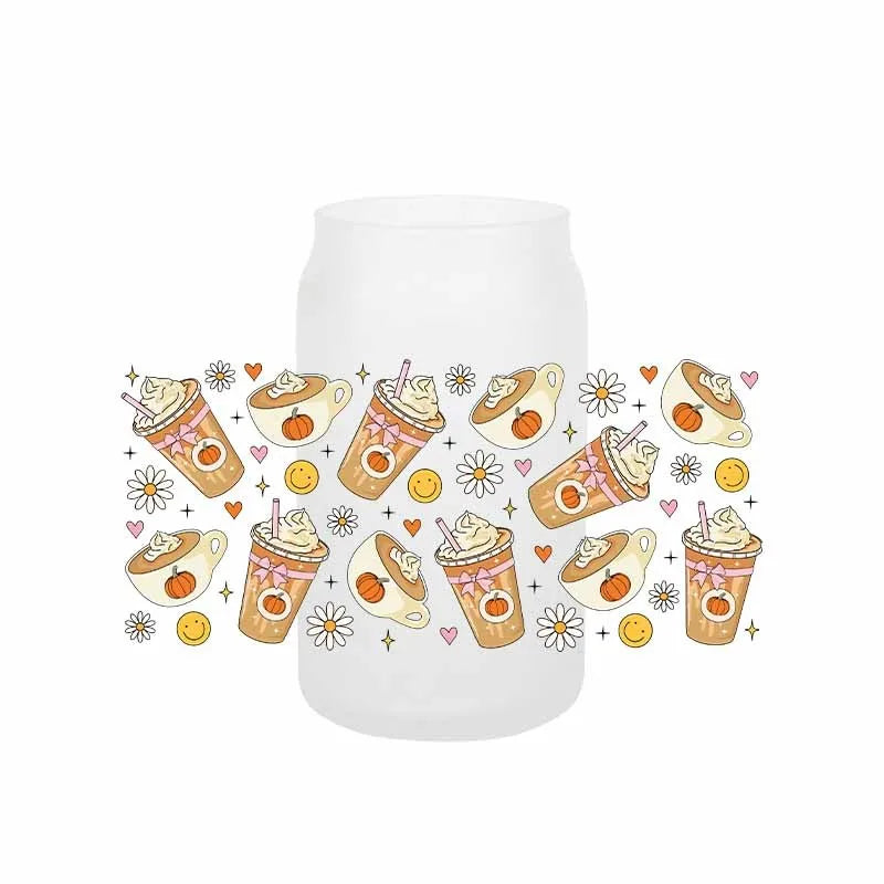 autocollants transfert motif coeurs boissons cartoon transparent opaques tasses croissants glaces bouteille verre couvercle