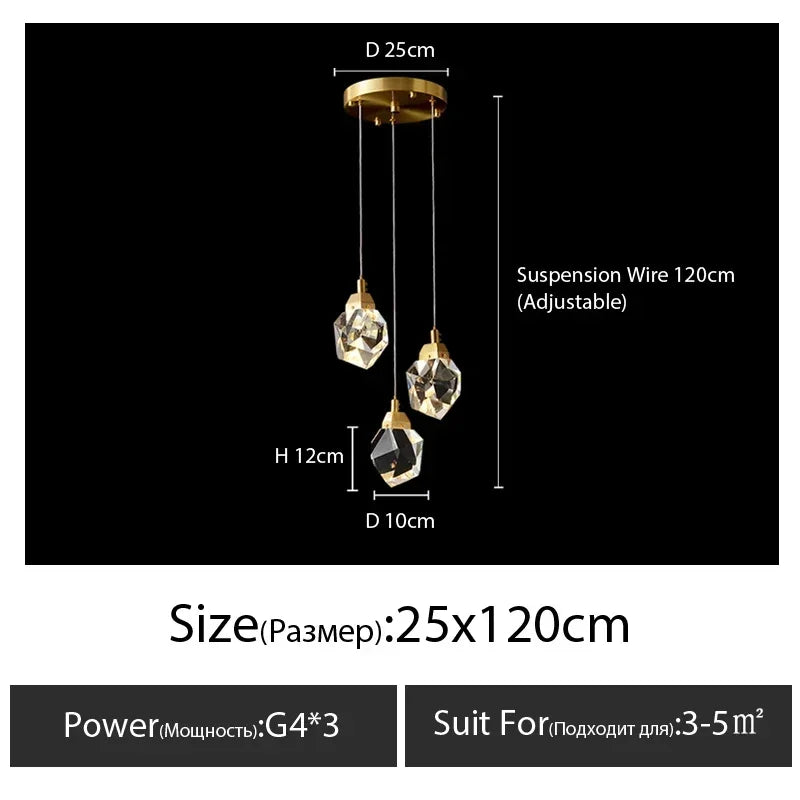 suspension lumineuse moderne transparente dorée facettes géométriques élégante leds