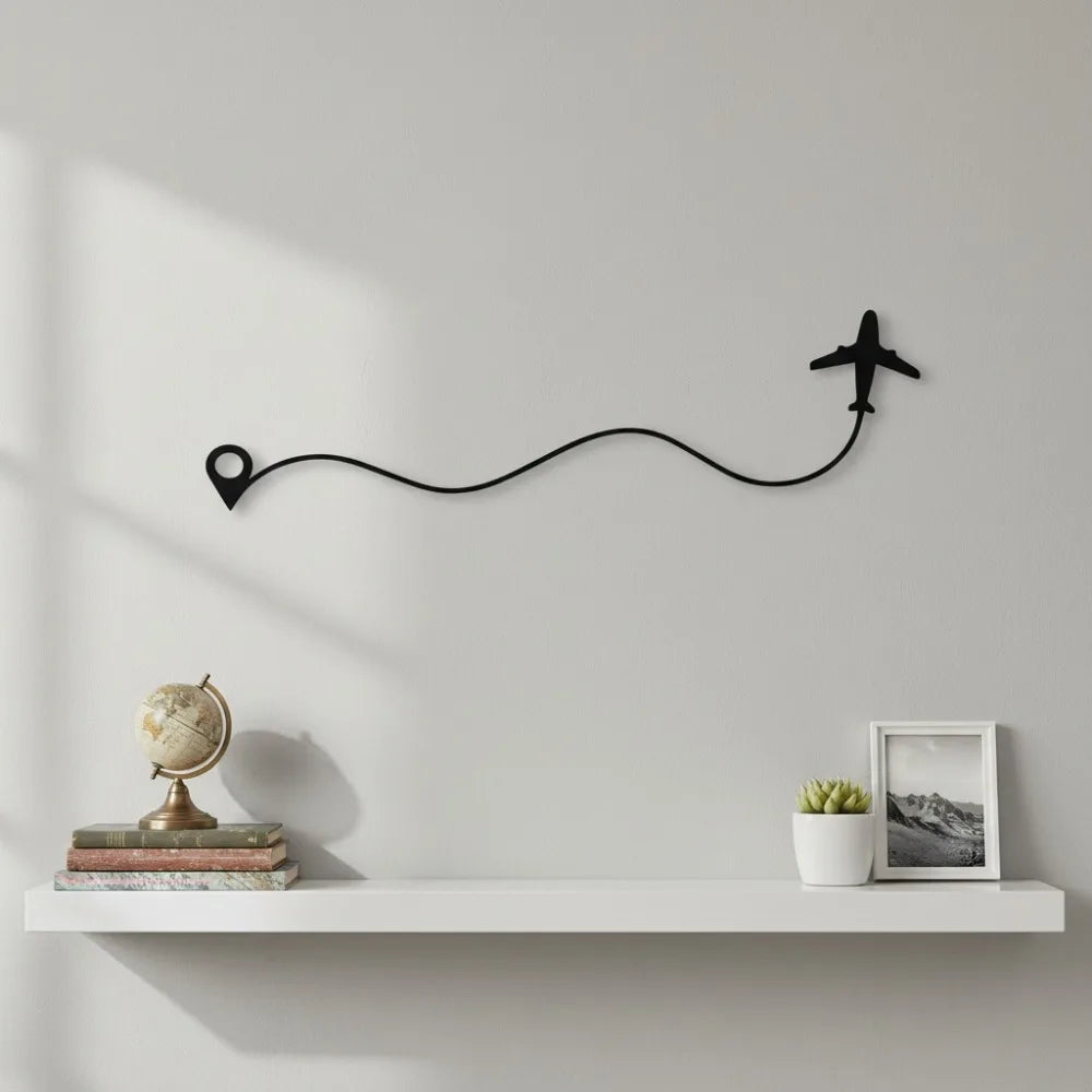 sculpture murale minimaliste avion noir fond métal 30cm erotique trajet ondulé