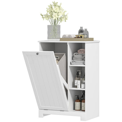 Armoire de salle de bain blanche avec panier à linge intégré vue de face