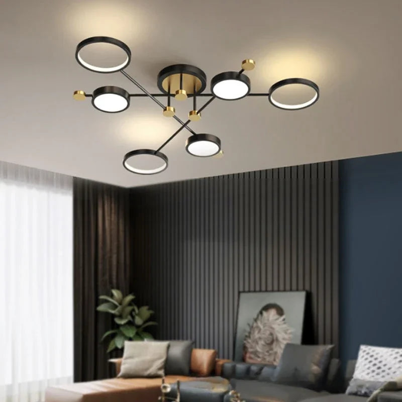 lustre moderne suspension lumineuse tête métallique noir or lisse géométrique chambre salon