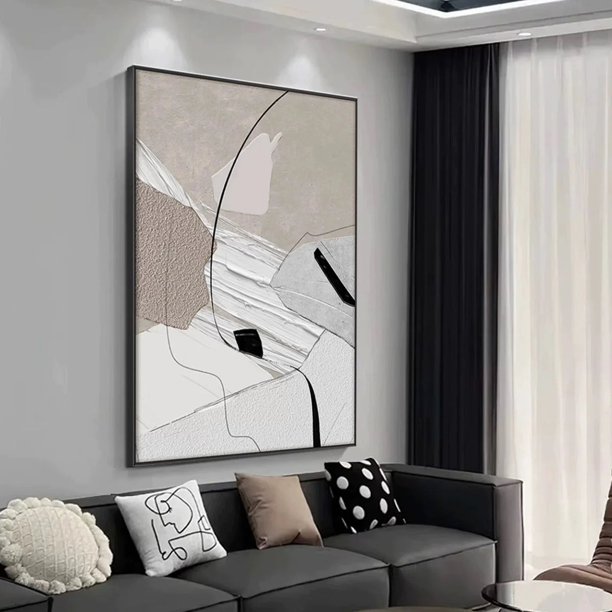 tableau abstrait moderne toile lin géométrique beige noir blanc vertical sans cadre handpainté